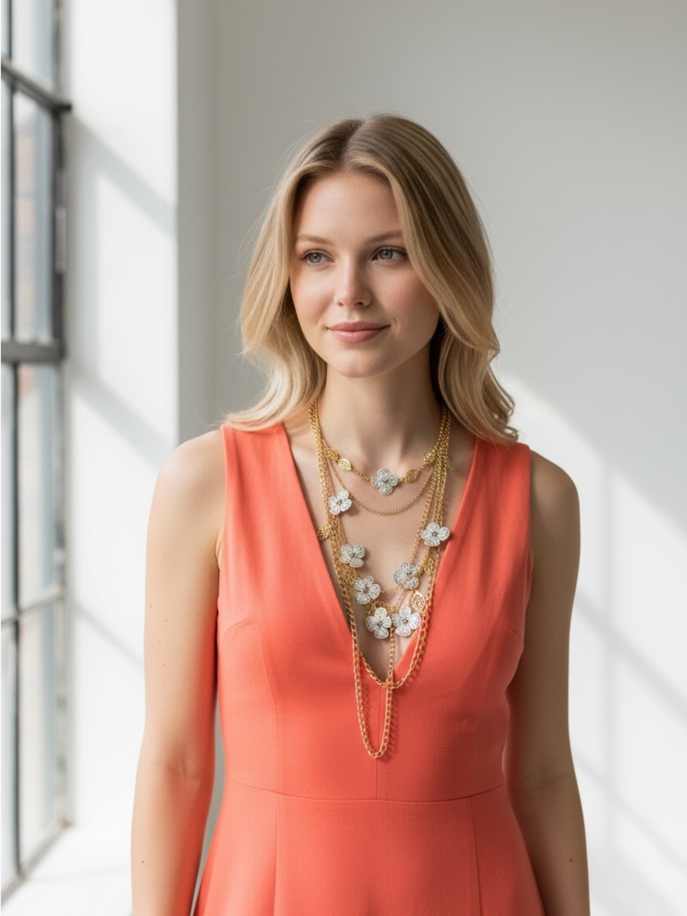 Gold Multi-Strand Floral Pendant Necklace - White/Gold
